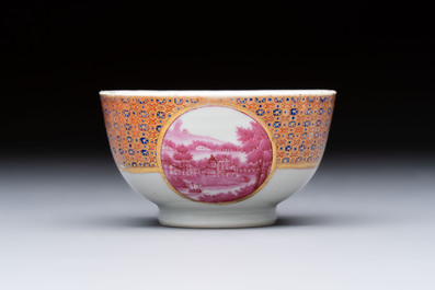 A Chinese famille rose puce-enamelled 'Riverscape' plate, cup and saucer, Jiaqing