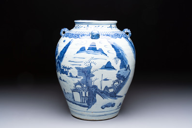 A Chinese blue and white 'Mountainous Landscape' vase with four lion-form handles, 16/17th C.