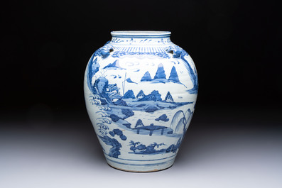 A Chinese blue and white 'Mountainous Landscape' vase with four lion-form handles, 16/17th C.