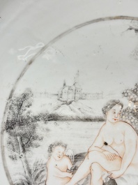 A rare large Chinese grisaille and gilt-decorated 'Venus bathing' dish, Qianlong
