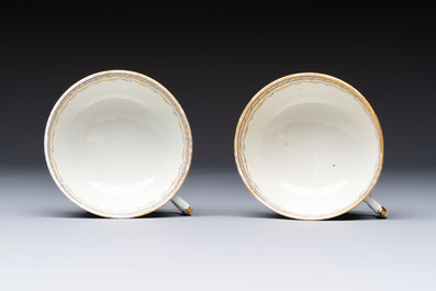 Two sets of Chinese export monogrammed polychrome cups and saucers, Qianlong/Jiaqing