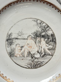 A rare large Chinese grisaille and gilt-decorated 'Venus bathing' dish, Qianlong