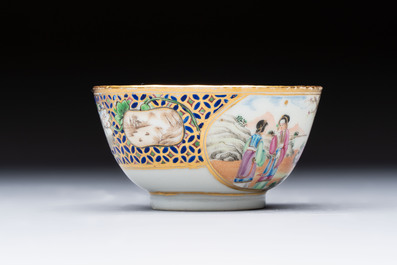 A Chinese famille rose gilt-decorated cup and saucer with figural design, Jiaqing