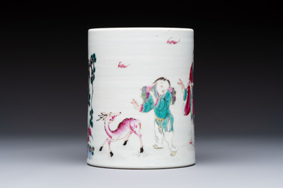 A pair of Chinese famille rose models of a boy riding a qilin and a bitong, 19/20th C.