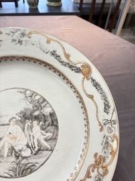 A rare large Chinese grisaille and gilt-decorated 'Venus bathing' dish, Qianlong