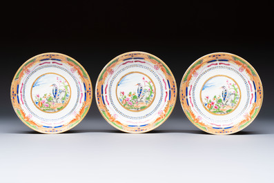 Three sets of Chinese famille rose gilt-decorated 'Bird among Flowering Branches' cups and saucers, 19th C.