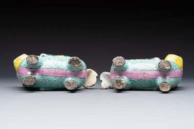 A pair of Chinese famille rose models of a boy riding a qilin and a bitong, 19/20th C.