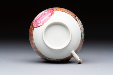 A Chinese famille rose puce-enamelled 'Riverscape' plate, cup and saucer, Jiaqing
