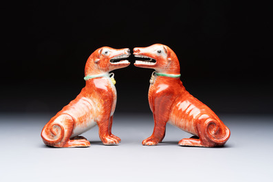 A pair of Chinese polychrome export models of dogs, Qianlong
