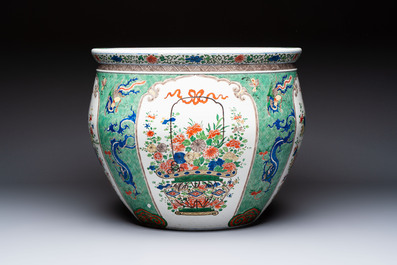 A large famille verte-style 'Flower Basket' scroll pot or fish bowl, Samson, Paris, 19th C.