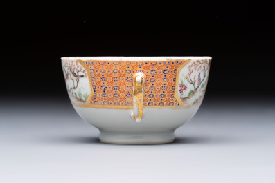 A Chinese famille rose puce-enamelled 'Riverscape' plate, cup and saucer, Jiaqing
