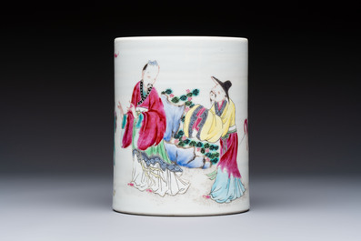 A pair of Chinese famille rose models of a boy riding a qilin and a bitong, 19/20th C.
