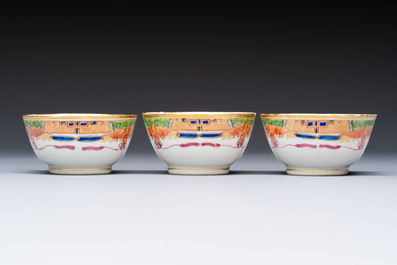 Three sets of Chinese famille rose gilt-decorated 'Bird among Flowering Branches' cups and saucers, 19th C.