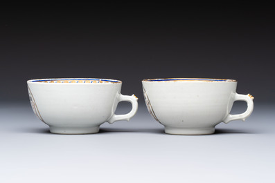Two sets of Chinese export monogrammed polychrome cups and saucers, Qianlong/Jiaqing
