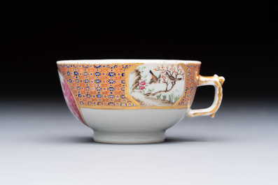 A Chinese famille rose puce-enamelled 'Riverscape' plate, cup and saucer, Jiaqing