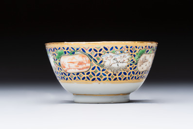 A Chinese famille rose gilt-decorated cup and saucer with figural design, Jiaqing