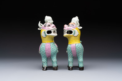 A pair of Chinese famille rose models of a boy riding a qilin and a bitong, 19/20th C.