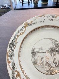 A rare large Chinese grisaille and gilt-decorated 'Venus bathing' dish, Qianlong
