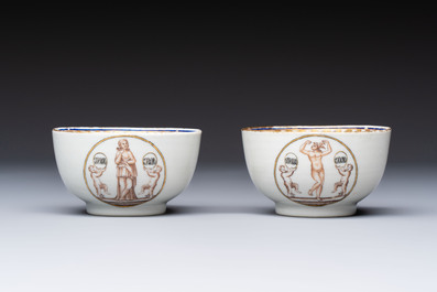 Two sets of Chinese export monogrammed polychrome cups and saucers, Qianlong/Jiaqing