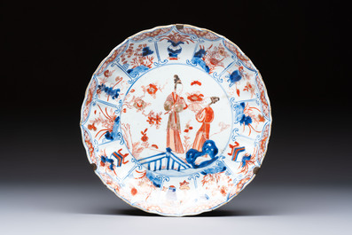 Two Chinese Imari-style plates and a dish with figural design, Kangxi