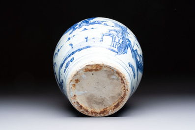 A Chinese blue and white 'Mountainous Landscape' vase with four lion-form handles, 16/17th C.