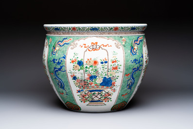A large famille verte-style 'Flower Basket' scroll pot or fish bowl, Samson, Paris, 19th C.
