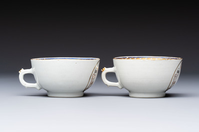 Two sets of Chinese export monogrammed polychrome cups and saucers, Qianlong/Jiaqing
