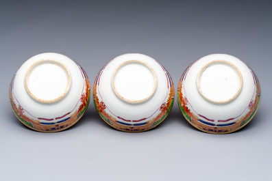 Three sets of Chinese famille rose gilt-decorated 'Bird among Flowering Branches' cups and saucers, 19th C.