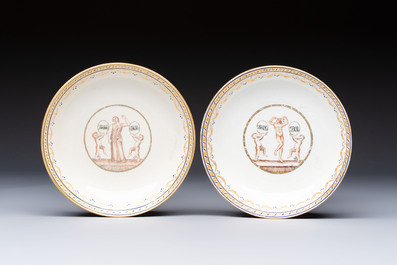 Two sets of Chinese export monogrammed polychrome cups and saucers, Qianlong/Jiaqing