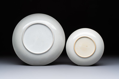 A Chinese famille rose puce-enamelled 'Riverscape' plate, cup and saucer, Jiaqing