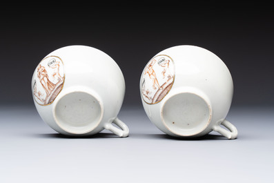 Two sets of Chinese export monogrammed polychrome cups and saucers, Qianlong/Jiaqing