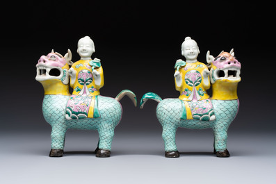 A pair of Chinese famille rose models of a boy riding a qilin and a bitong, 19/20th C.