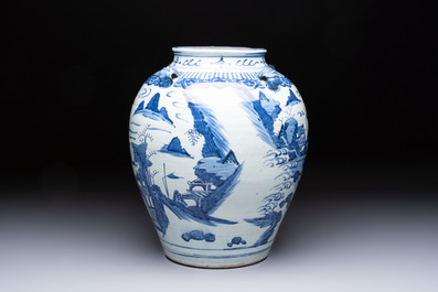 A Chinese blue and white 'Mountainous Landscape' vase with four lion-form handles, 16/17th C.