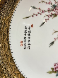 A Chinese famille rose gilt-decorated dish with birds among blossoming branches, Yongzheng mark, 20th C.