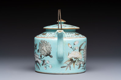 A Chinese grisaille turquoise-ground Dayazhai-style teapot and cover, Guangxu mark and of the period