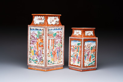 Two Chinese Canton famille rose 'Mandarin Subject' lozenge-shaped vases, Qianlong