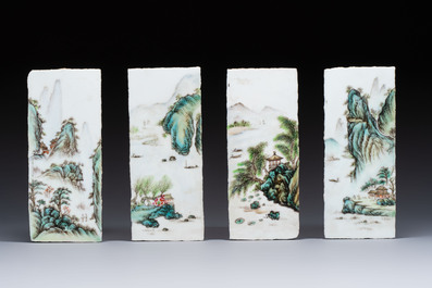 A set of four Chinese famille rose 'Landscape' plaques mounted in a wooden frame, signed Wang Yunquan 王雲泉, together with four plaques, 20th C.