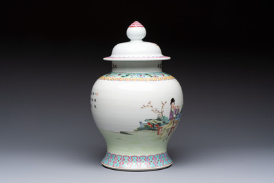 A Chinese famille rose 'San Niang Jiao Zi 三娘教子' vase and cover, 20th C.