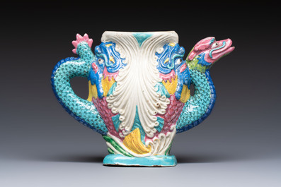 A Chinese famille rose ewer in the form of a dragon and two carps with wooden cover and stand, 19th C.