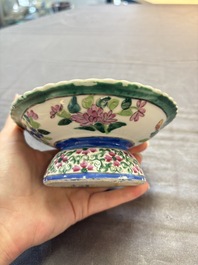 A pair of Chinese famille rose 'mandarin ducks in a lotus pond' Bencharong  tazzas for the Thai market, 19th C.