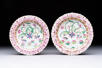 A pair of Chinese famille rose 'mandarin ducks in a lotus pond' Bencharong  tazzas for the Thai market, 19th C.