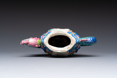 A Chinese famille rose ewer in the form of a dragon and two carps with wooden cover and stand, 19th C.