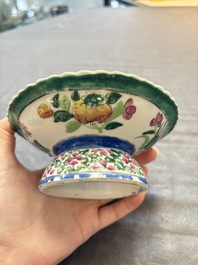 A pair of Chinese famille rose 'mandarin ducks in a lotus pond' Bencharong  tazzas for the Thai market, 19th C.