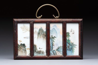 A set of four Chinese famille rose 'Landscape' plaques mounted in a wooden frame, signed Wang Yunquan 王雲泉, together with four plaques, 20th C.