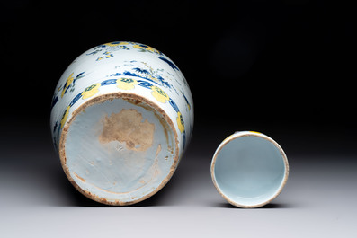 A blue, white and yellow Dutch Delft 'Qilin' vase, 17th C.