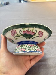 A pair of Chinese famille rose 'mandarin ducks in a lotus pond' Bencharong  tazzas for the Thai market, 19th C.