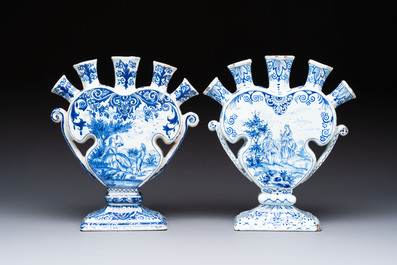 Two blue and white Dutch Delft heart-shaped tulip vases, 19th C.
