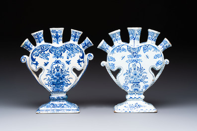 Two blue and white Dutch Delft heart-shaped tulip vases, 19th C.