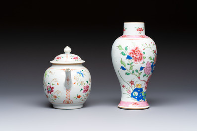 A Chinese famille rose 'Rooster' vase and a covered teapot with floral design, Qianlong