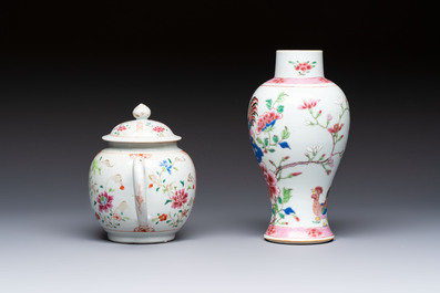 A Chinese famille rose 'Rooster' vase and a covered teapot with floral design, Qianlong